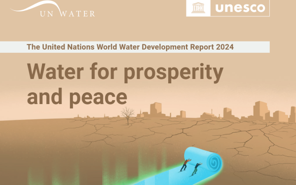Magazine cover with many logos including UN Water and unesco at the top. Title is The United Nations World Water Development Report 2024 water for prosperity and peace with infographic of a dry arid land with a cityscape at a distance and greenery and buildings along the banks of a river in the foreground as two people are rolling the carpet toward the dry land/city.